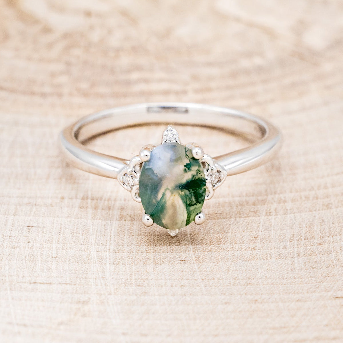 "Zella" - Oval Cut Moss Agate Engagement Ring With Diamond Accents