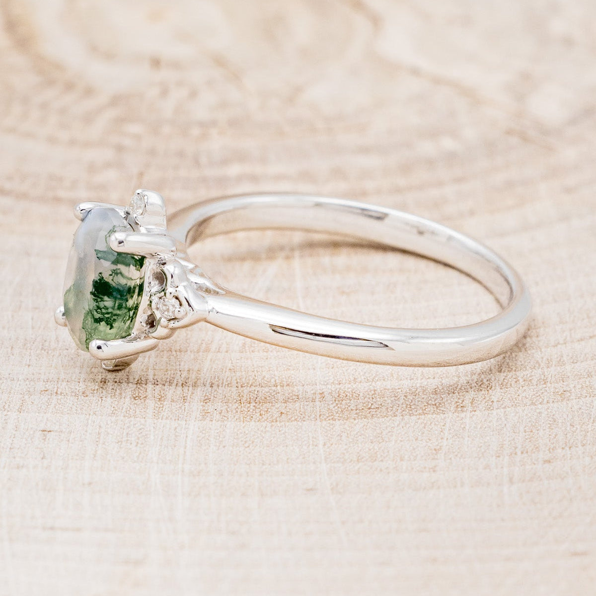 "Zella" - Oval Cut Moss Agate Engagement Ring With Diamond Accents