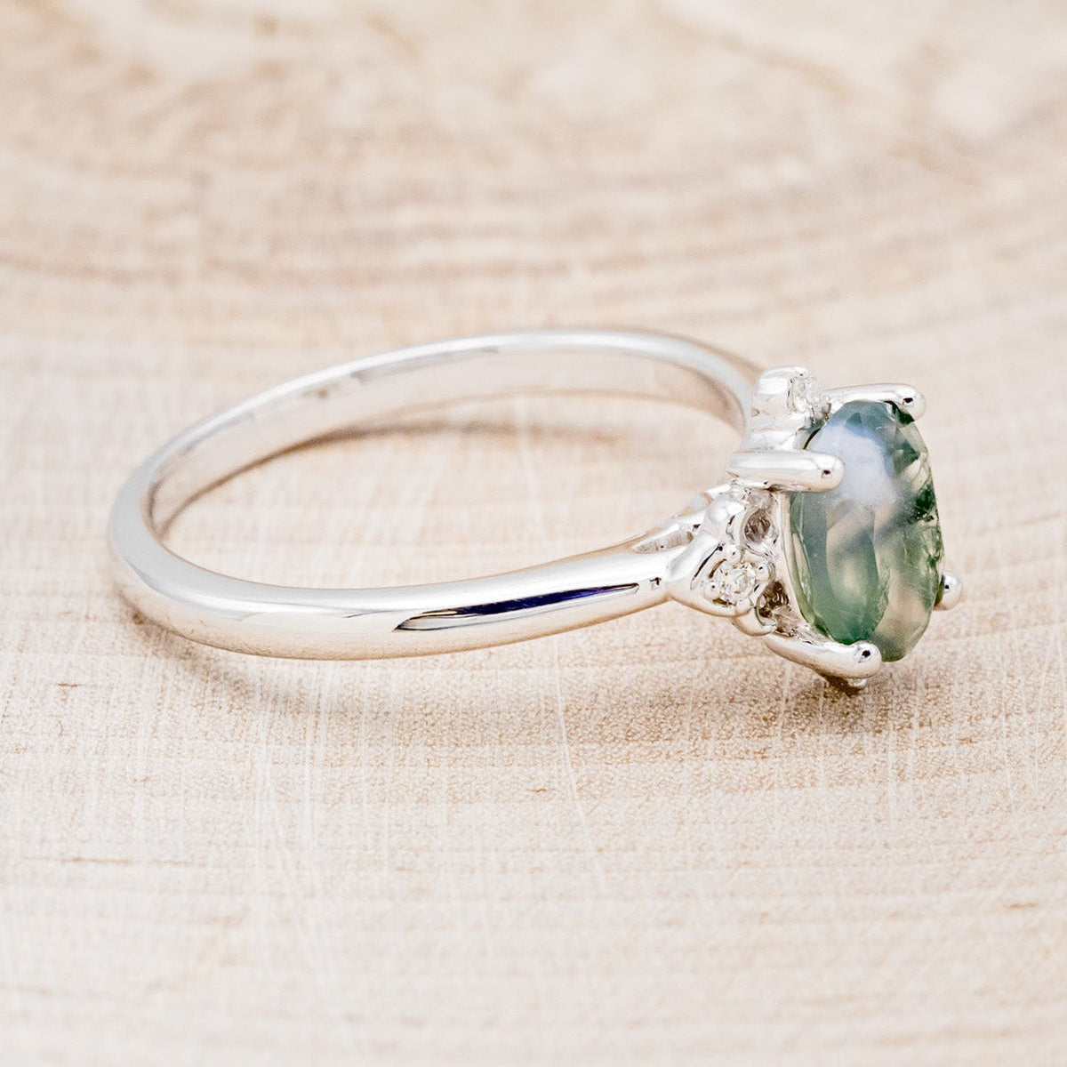 "Zella" - Oval Cut Moss Agate Engagement Ring With Diamond Accents