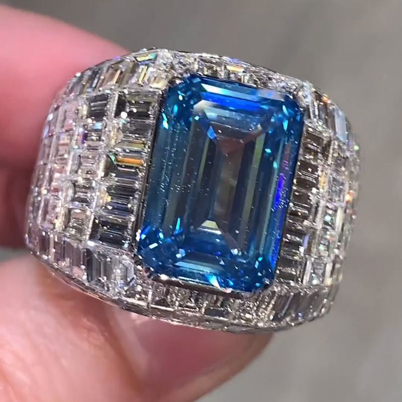 Blue Sapphire  Emerald Cut Luxury Men's Ring in Sterling Silver