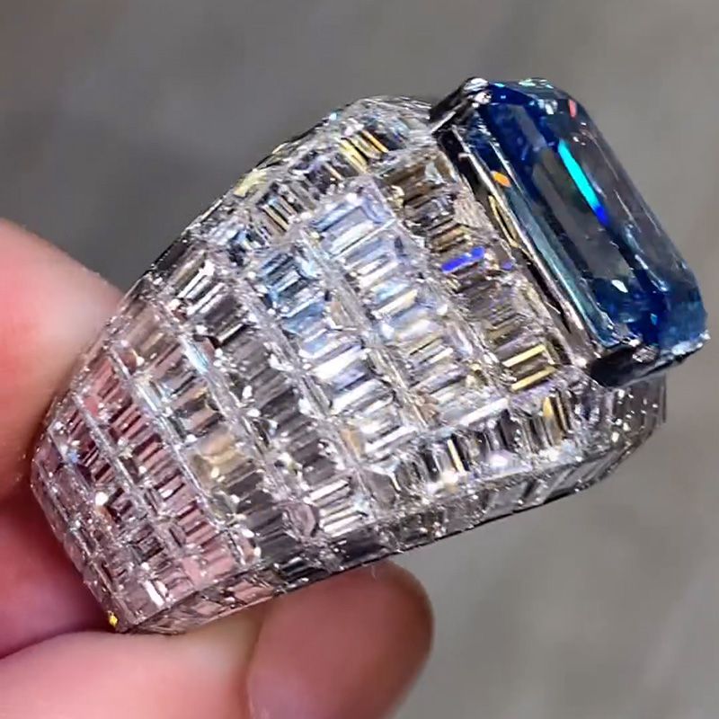Blue Sapphire  Emerald Cut Luxury Men's Ring in Sterling Silver