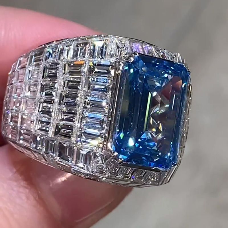Blue Sapphire  Emerald Cut Luxury Men's Ring in Sterling Silver