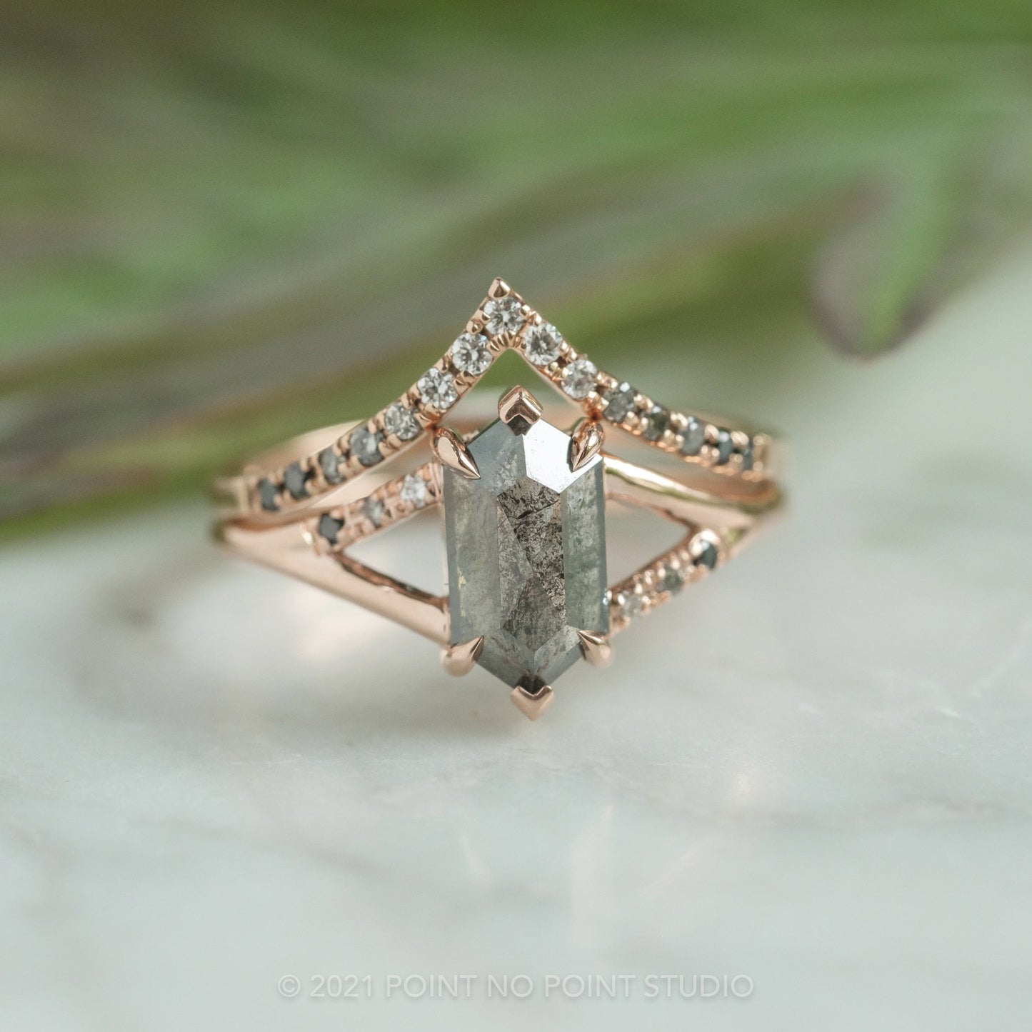 1.75 Carat Black Salt and Pepper Hexagon Diamond Engagement Ring, Ombre Sirena Setting