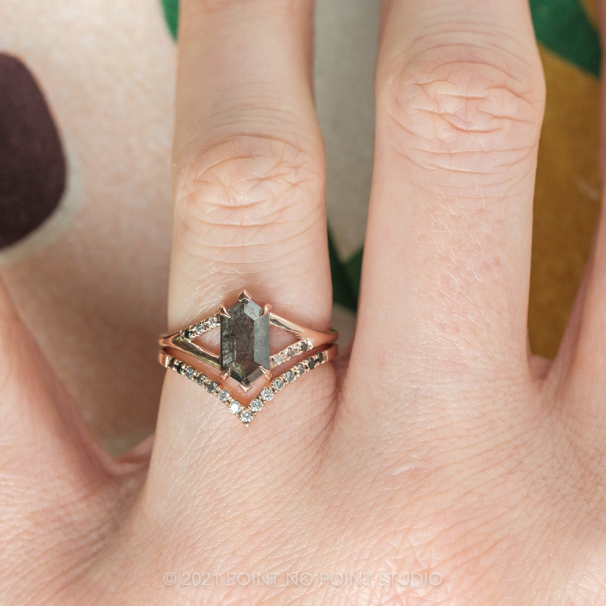 1.75 Carat Black Salt and Pepper Hexagon Diamond Engagement Ring, Ombre Sirena Setting