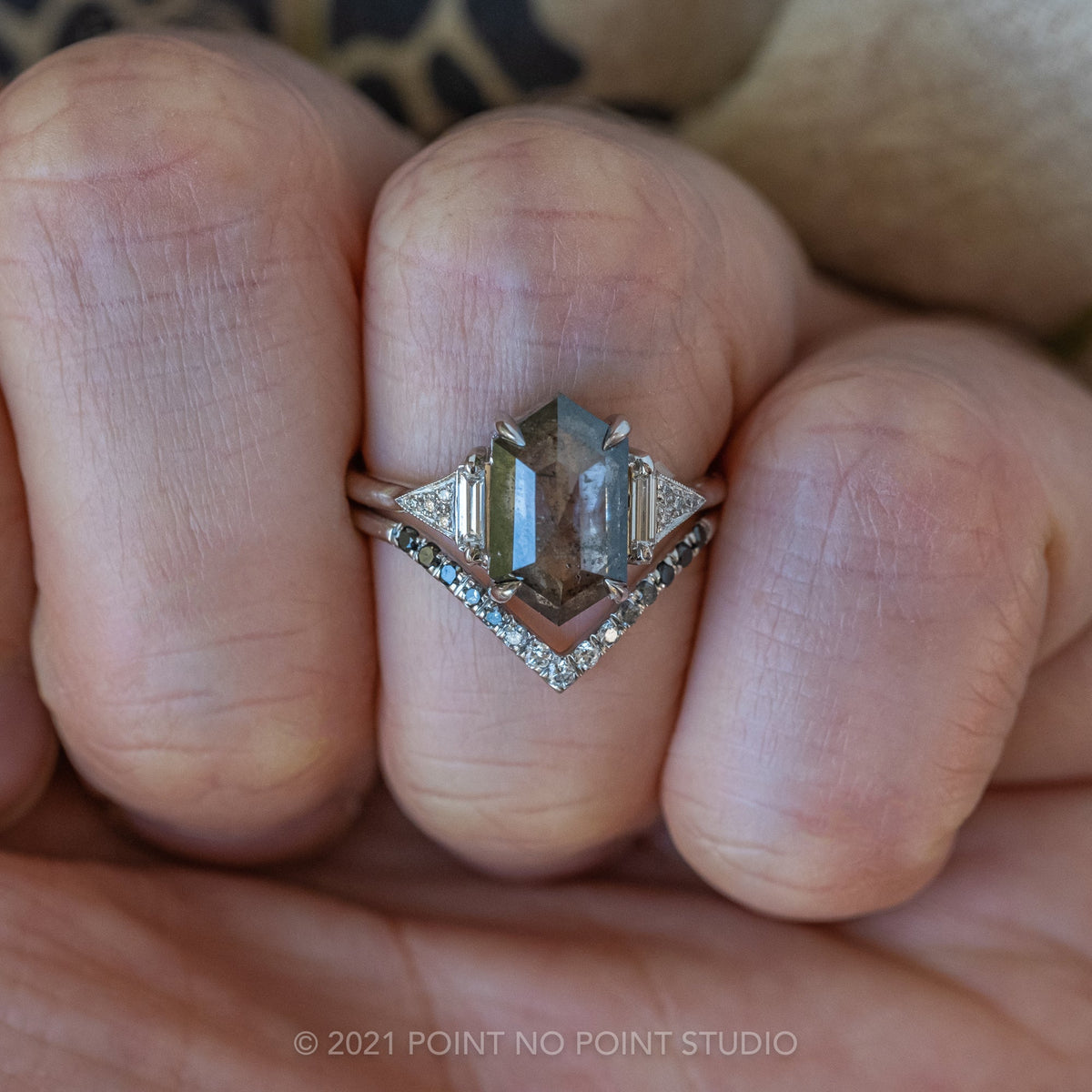 2.51 Carat Salt and Pepper Hexagon Diamond Engagement Ring, Azalea Setting, 14K White Gold
