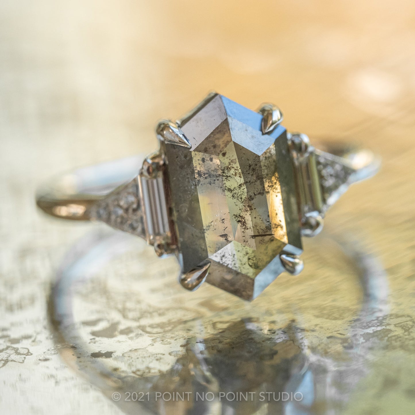 2.51 Carat Salt and Pepper Hexagon Diamond Engagement Ring, Azalea Setting, 14K White Gold