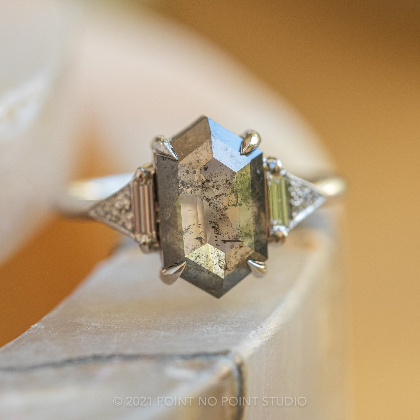 2.51 Carat Salt and Pepper Hexagon Diamond Engagement Ring, Azalea Setting, 14K White Gold