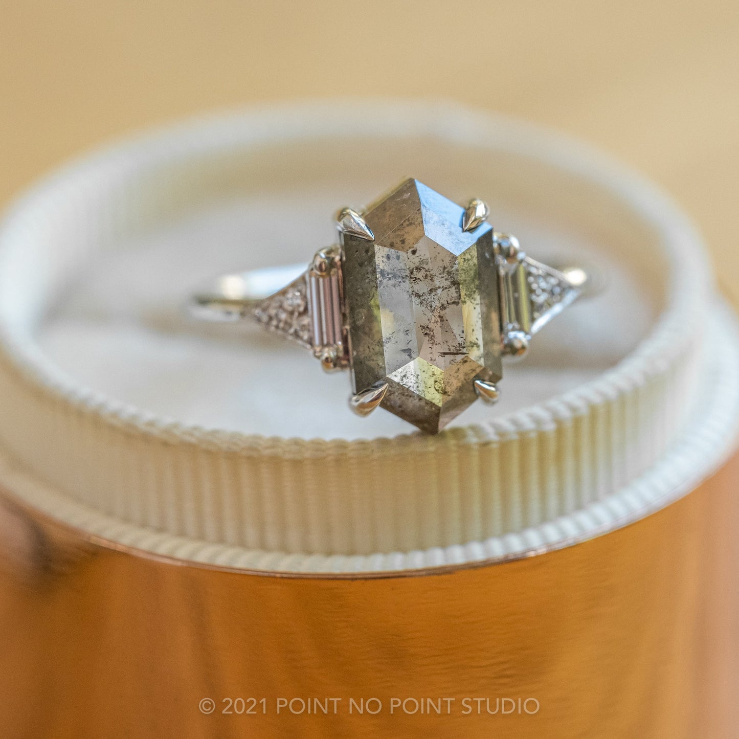 2.51 Carat Salt and Pepper Hexagon Diamond Engagement Ring, Azalea Setting, 14K White Gold