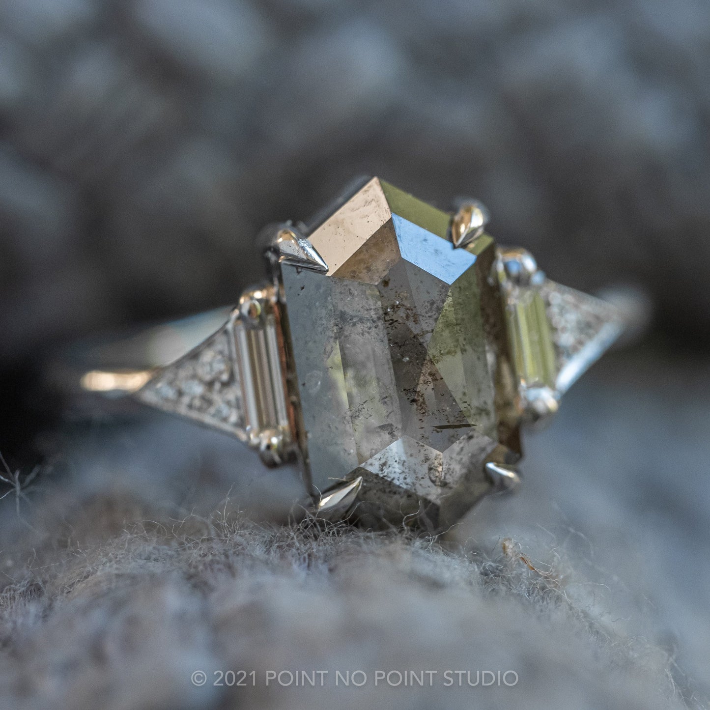 2.51 Carat Salt and Pepper Hexagon Diamond Engagement Ring, Azalea Setting, 14K White Gold