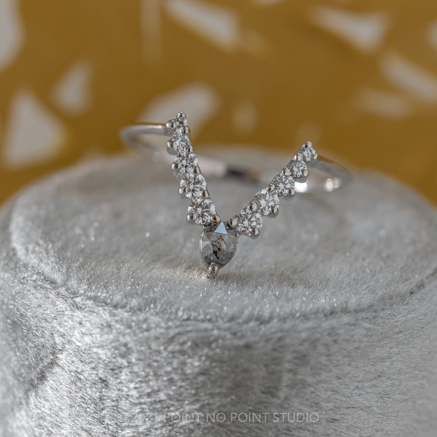 Cassie Wedding Ring, Salt and Pepper Pear, 11 Diamond, Knife Edge Band