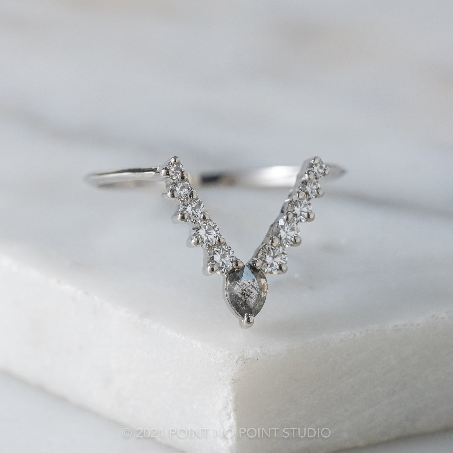 Cassie Wedding Ring, Salt and Pepper Pear, 11 Diamond, Knife Edge Band