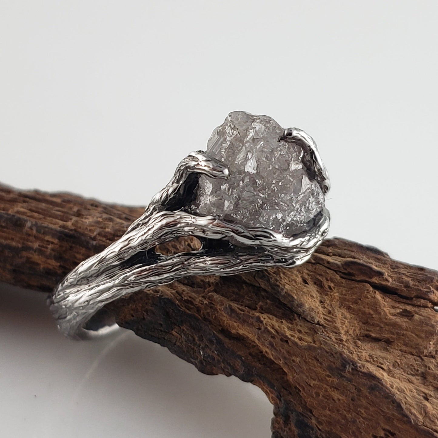 Raw Diamond Twig Engagement Ring - Handcrafted White Gold Antiqued Rustic