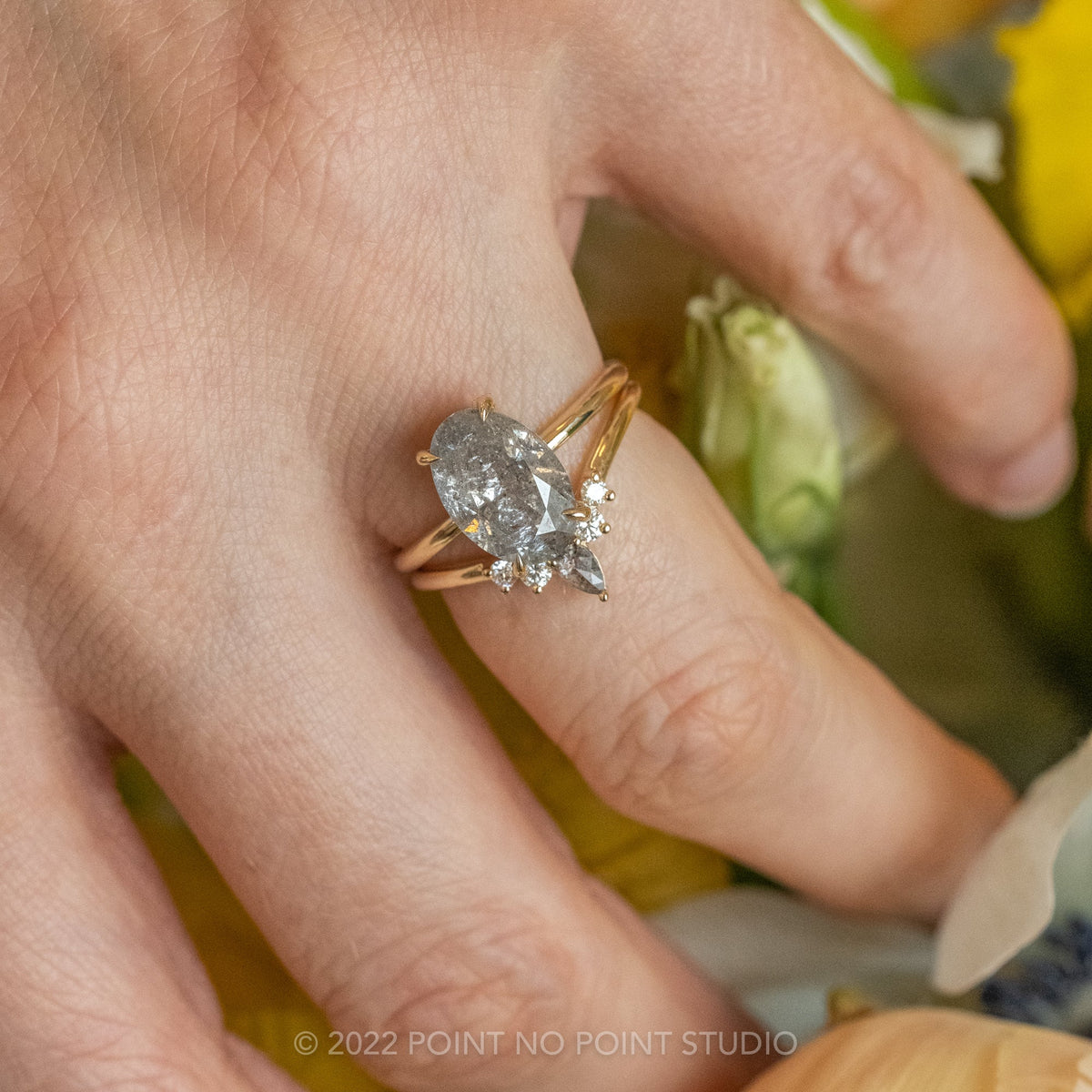 Cassie Wedding Ring, Salt and Pepper Pear, 5 Diamond, Loaf Band