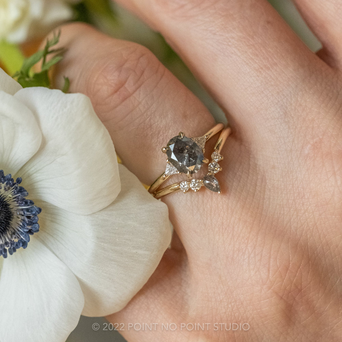 Cassie Wedding Ring, Salt and Pepper Pear, 5 Diamond, Loaf Band