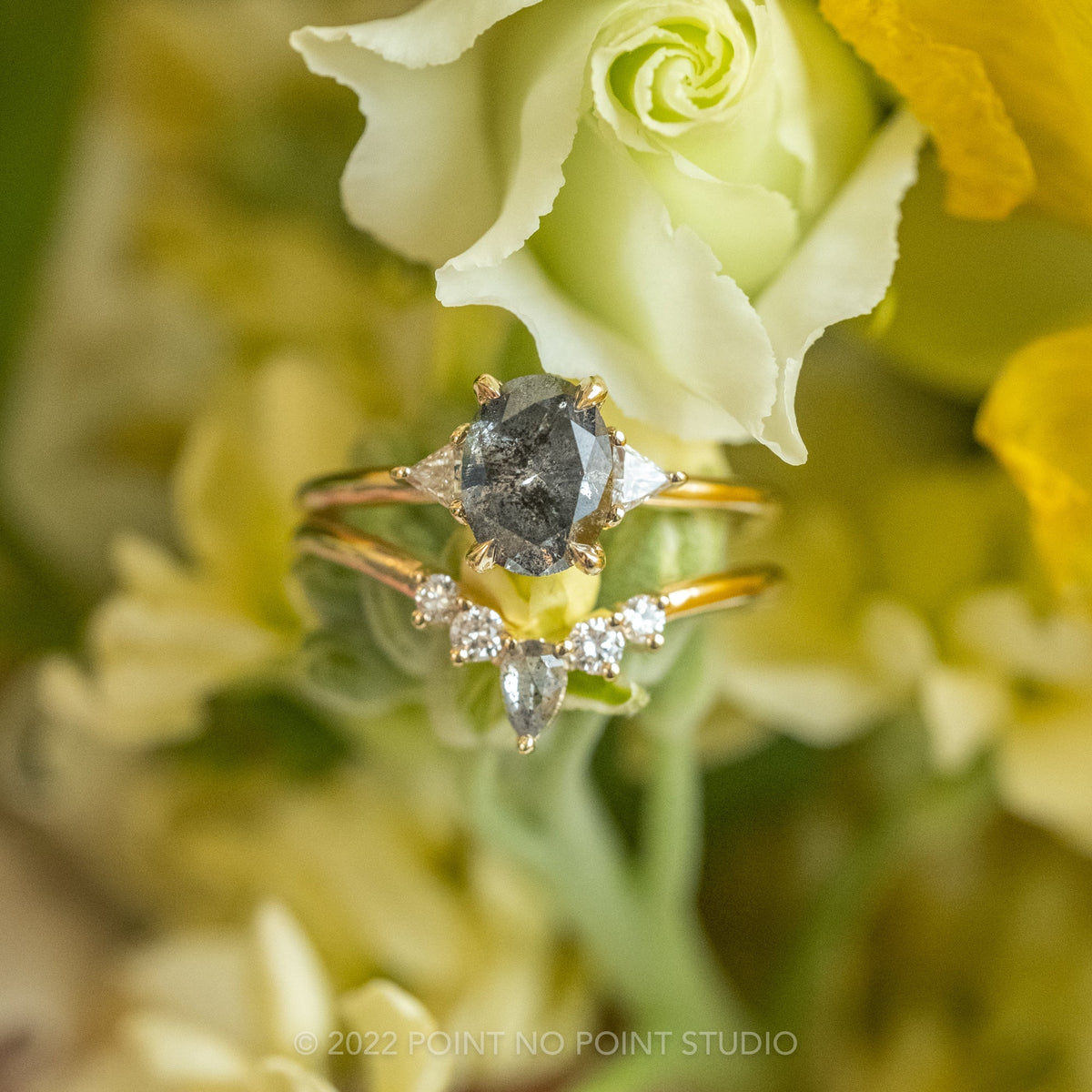 Cassie Wedding Ring, Salt and Pepper Pear, 5 Diamond, Loaf Band