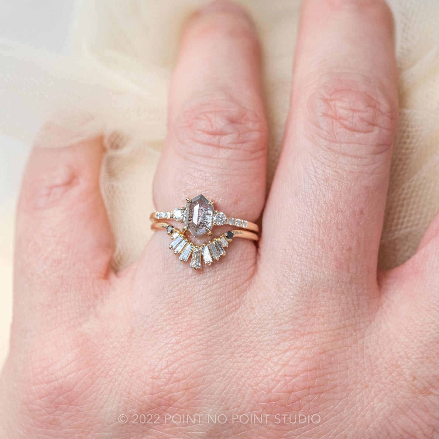 1.11 Carat Salt and Pepper Hexagon Diamond Engagement Ring, Eliza Setting