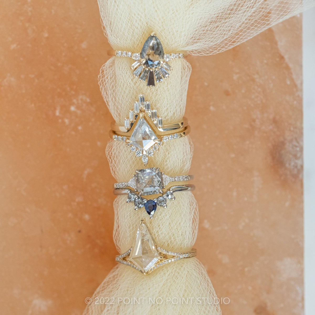 Cassie Wedding Ring, 5 Pear Sapphire and Salt and Pepper Diamonds, Round Band