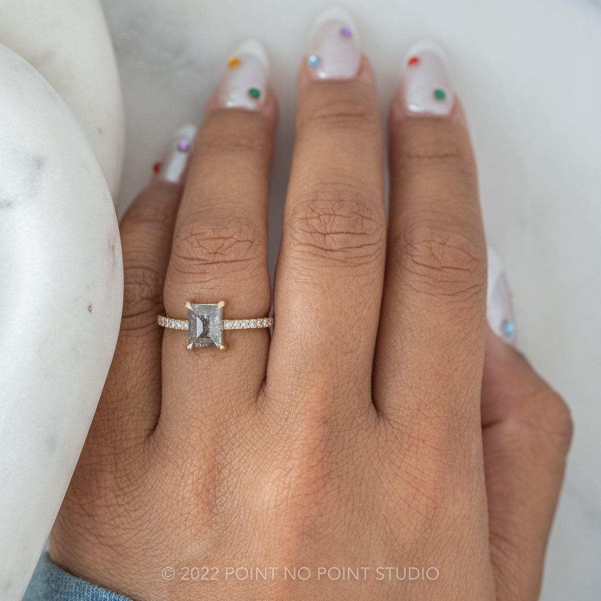 1.25 Carat Black Speckled Rectangle Cut Diamond Engagement Ring, Jules Setting, 14K Yellow Gold