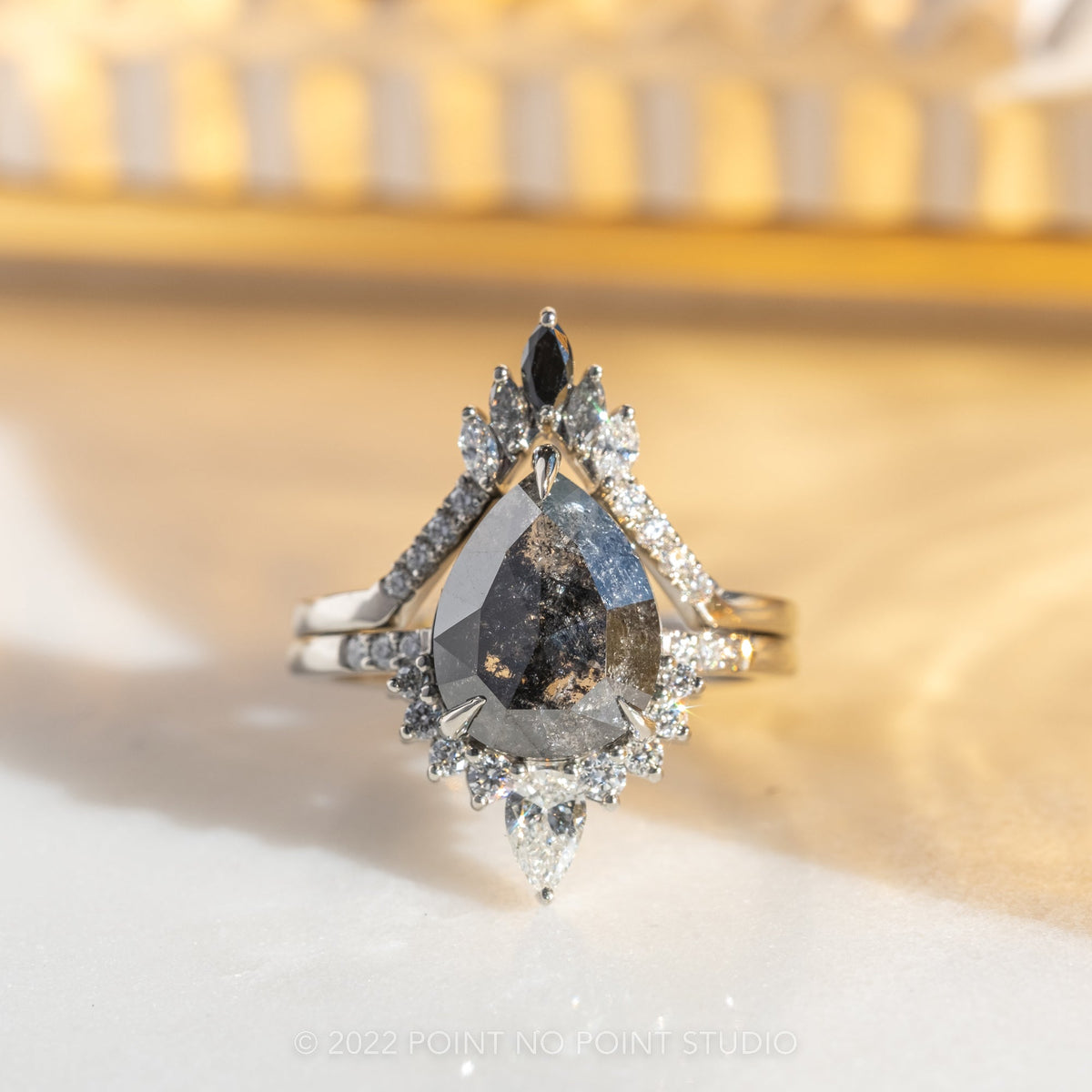 3.20 Carat Black Salt and Pepper Pear Diamond Engagement Ring, Avaline Setting