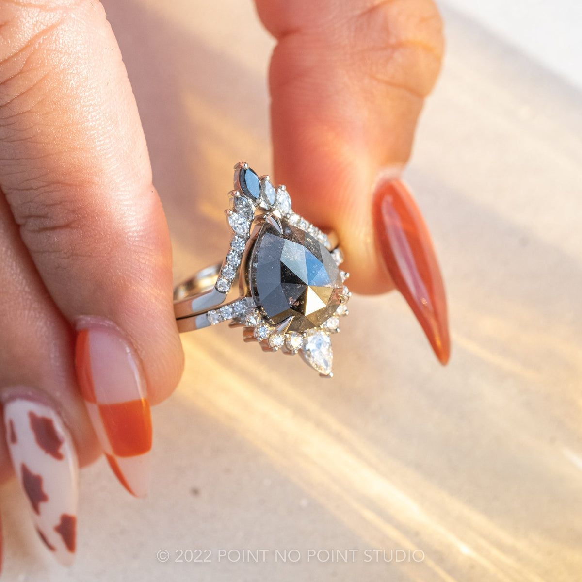 3.20 Carat Black Salt and Pepper Pear Diamond Engagement Ring, Avaline Setting