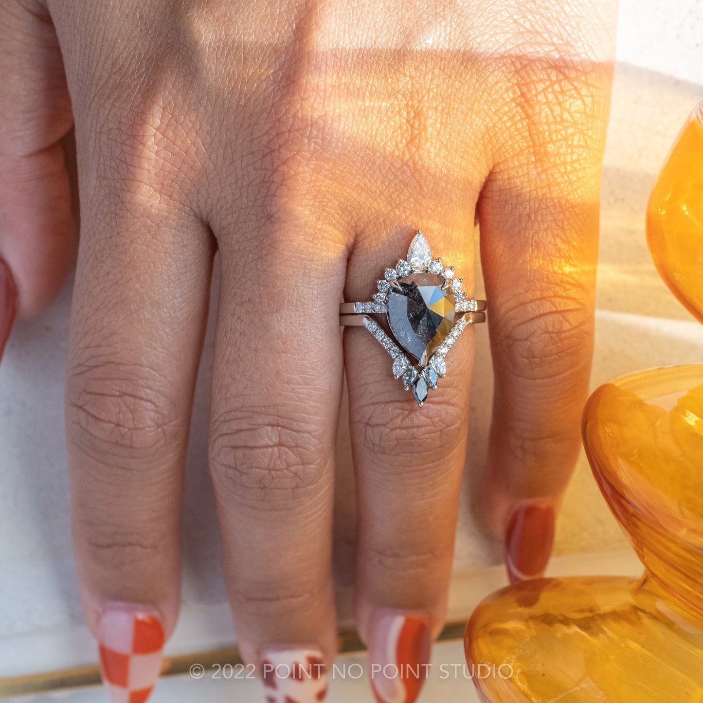 3.20 Carat Black Salt and Pepper Pear Diamond Engagement Ring, Avaline Setting