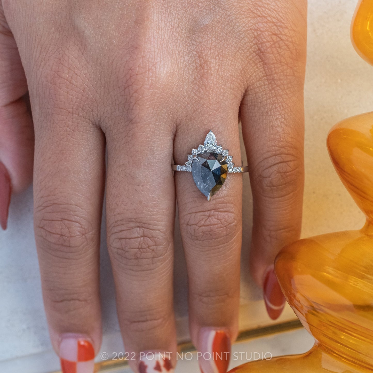 3.20 Carat Black Salt and Pepper Pear Diamond Engagement Ring, Avaline Setting