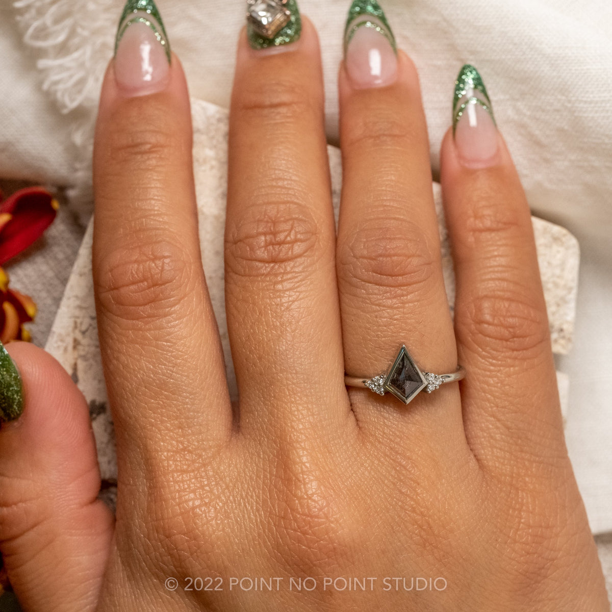 .60 Carat Salt and Pepper Kite Diamond Engagement Ring, Quinn Setting, 14k White Gold
