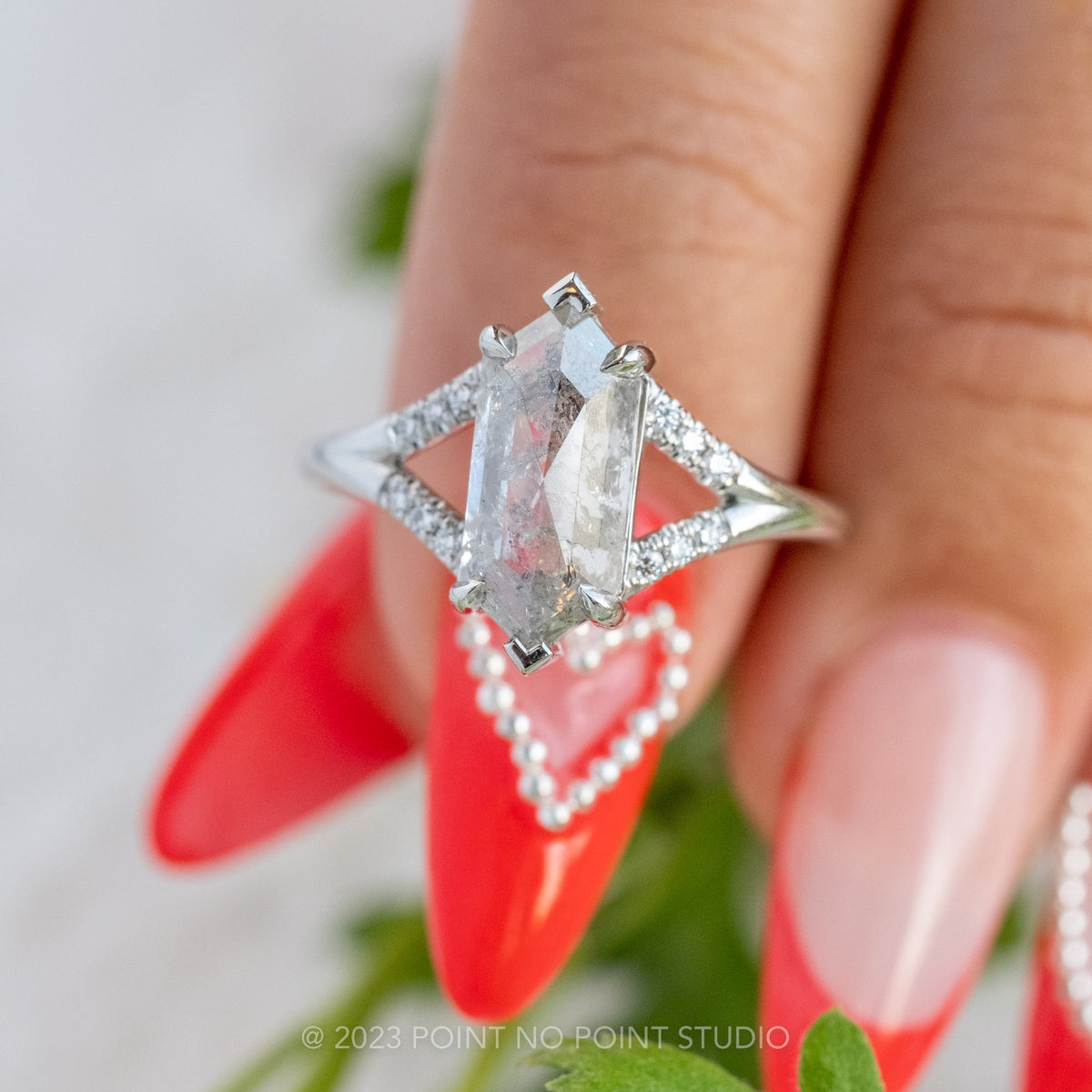 1.85 Carat Salt and Pepper Hexagon Diamond Engagement Ring, Sirena Setting, Platinum