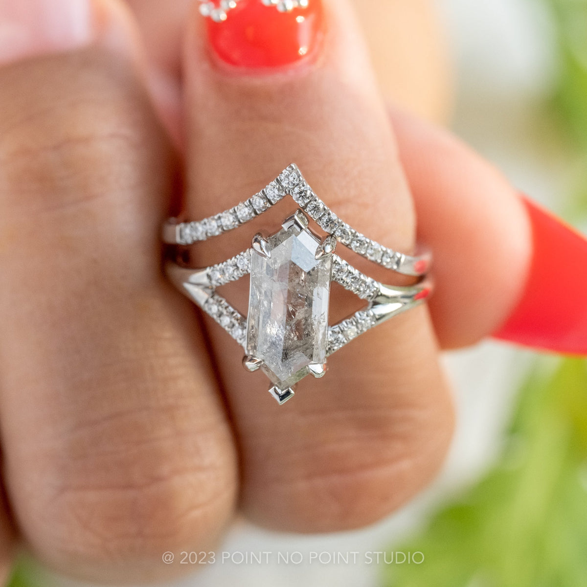 1.85 Carat Salt and Pepper Hexagon Diamond Engagement Ring, Sirena Setting, Platinum