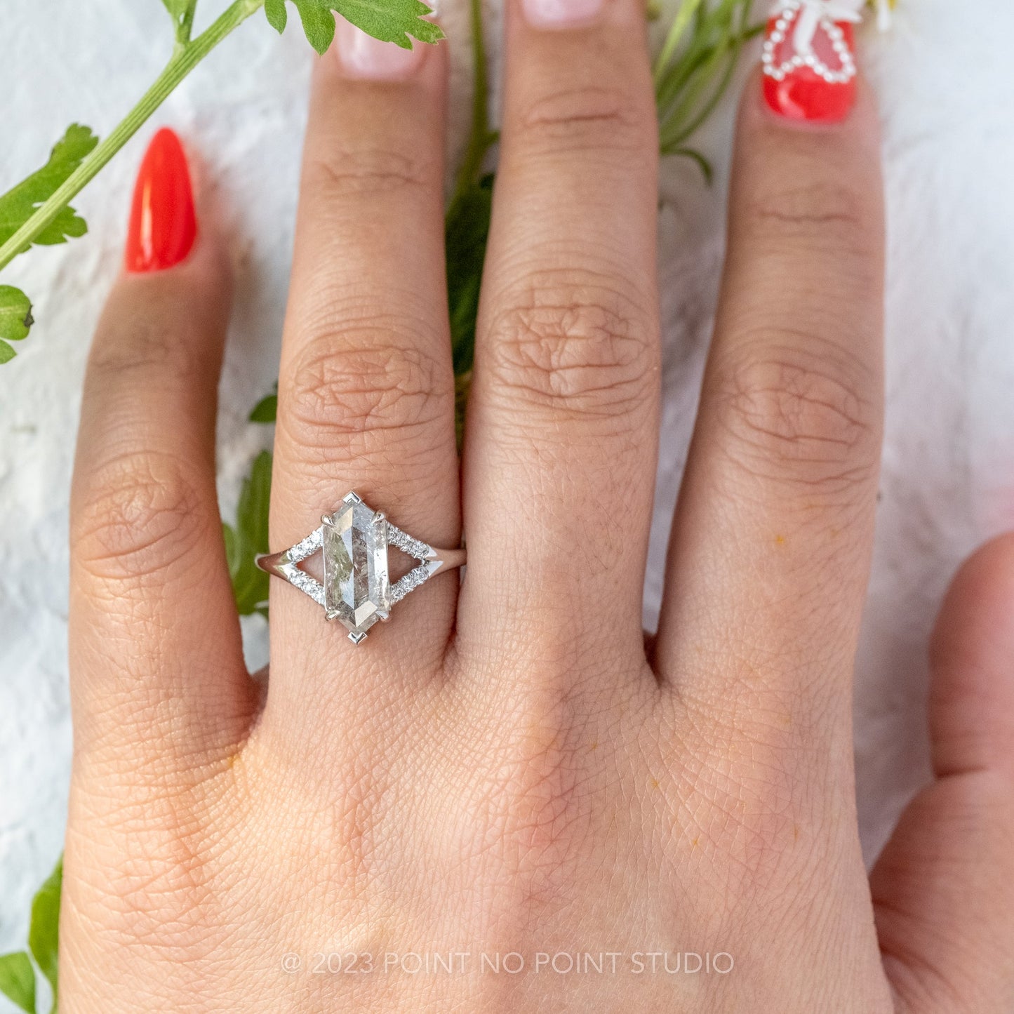 1.85 Carat Salt and Pepper Hexagon Diamond Engagement Ring, Sirena Setting, Platinum