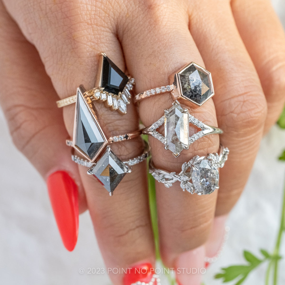 1.85 Carat Salt and Pepper Hexagon Diamond Engagement Ring, Sirena Setting, Platinum