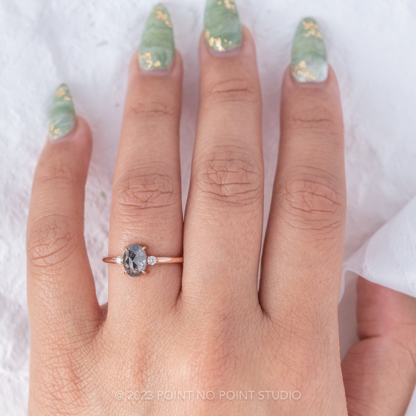 1.10 Carat Salt and Pepper Oval Diamond Engagement Ring, Zoe Setting, 14K Rose Gold