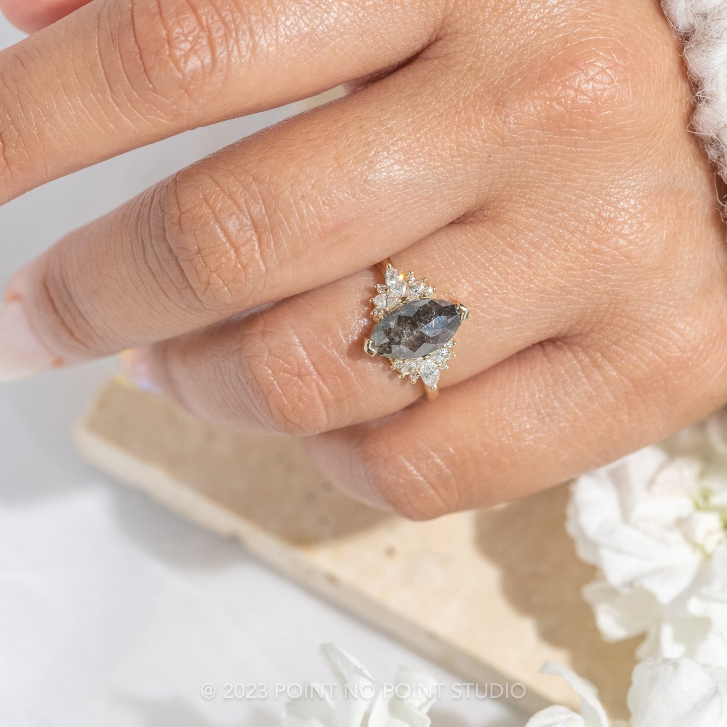 2.33 Carat Salt and Pepper Marquise Diamond Engagement Ring, Monarch Setting