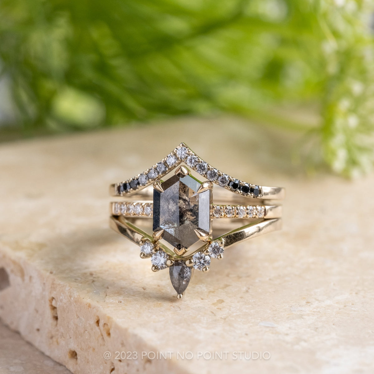 1.94 Carat Black Speckled Hexagon Diamond Engagement Ring, Sirena Setting