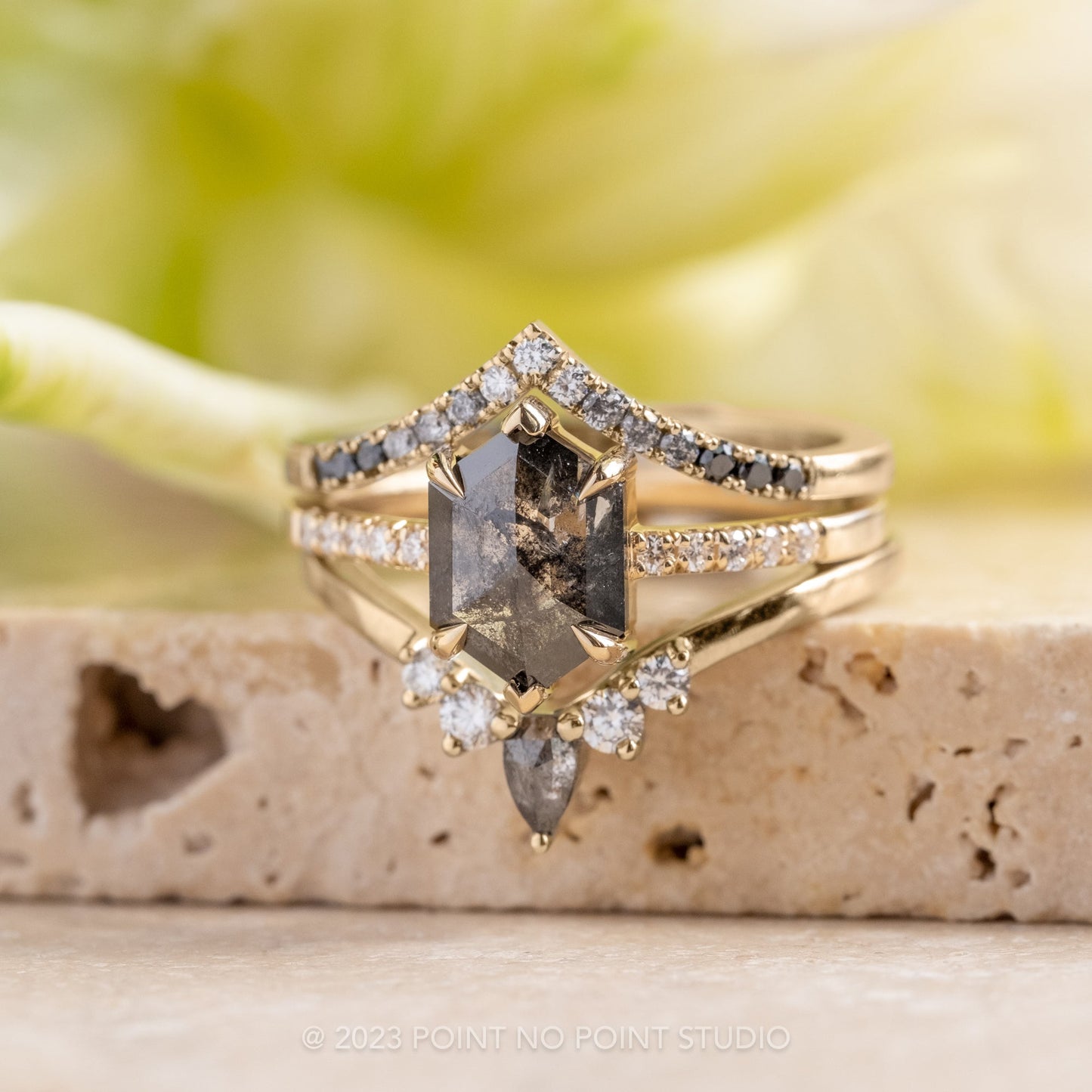 1.94 Carat Black Speckled Hexagon Diamond Engagement Ring, Sirena Setting