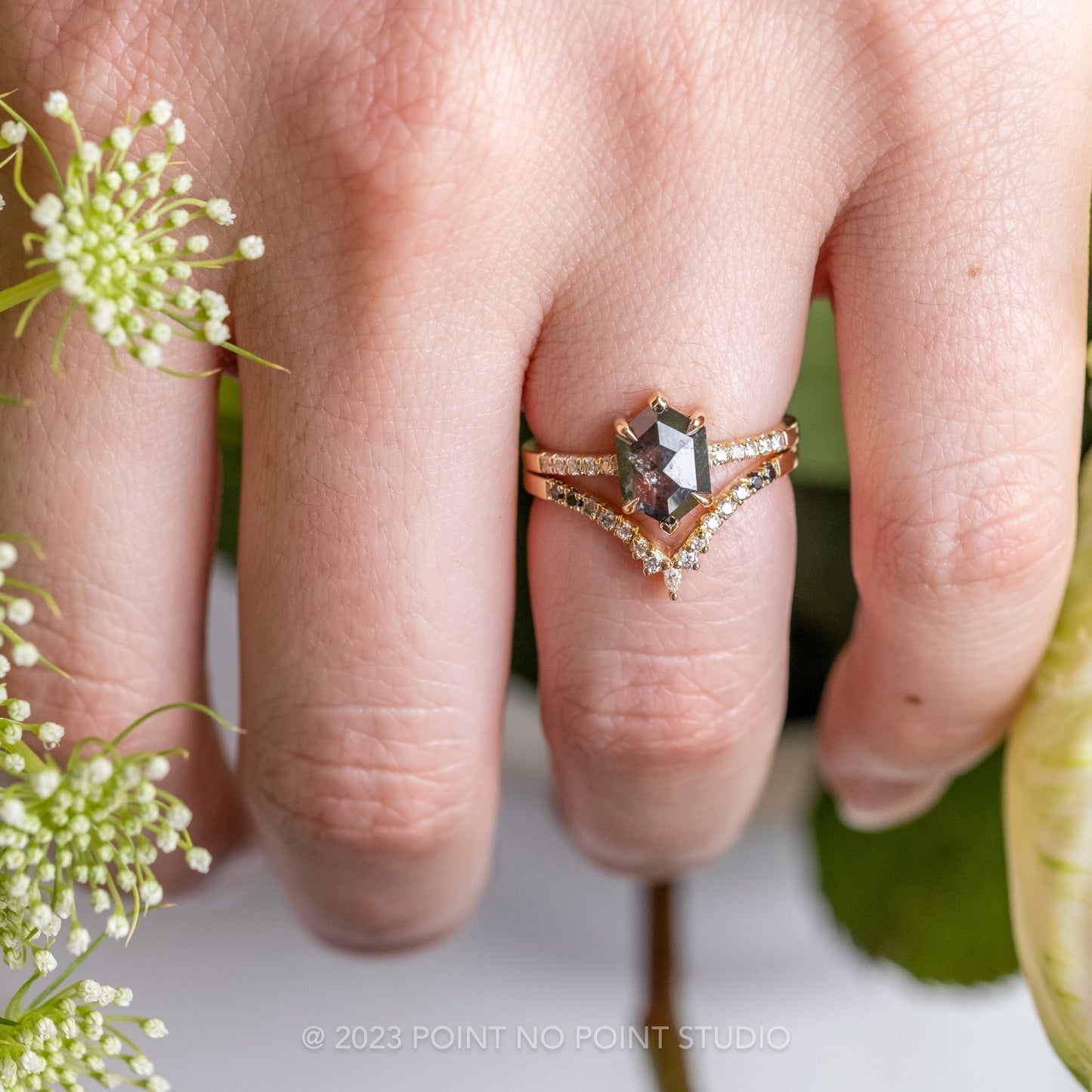 1.94 Carat Black Speckled Hexagon Diamond Engagement Ring, Sirena Setting