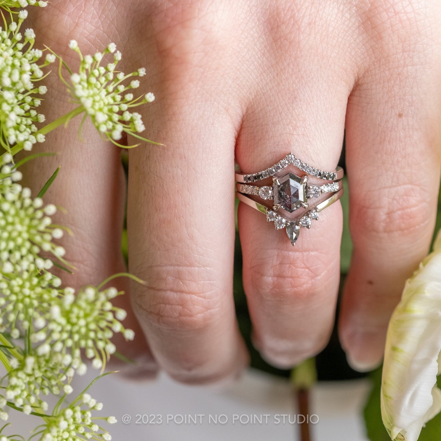 1.39 Carat Black Salt and Pepper Hexagon Diamond Engagement Ring, Eliza Setting