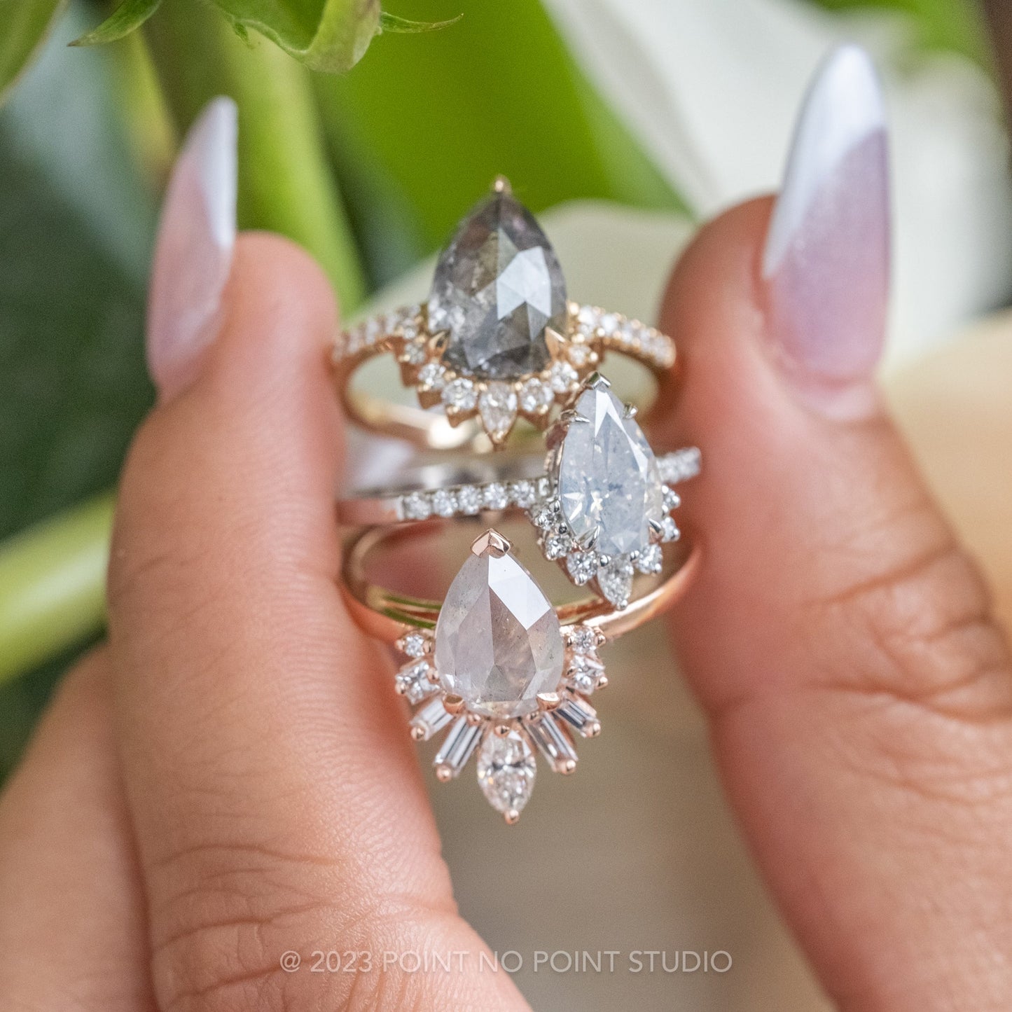 1.77 Carat Icy Salt and Pepper Pear Diamond Engagement Ring, Wren Setting