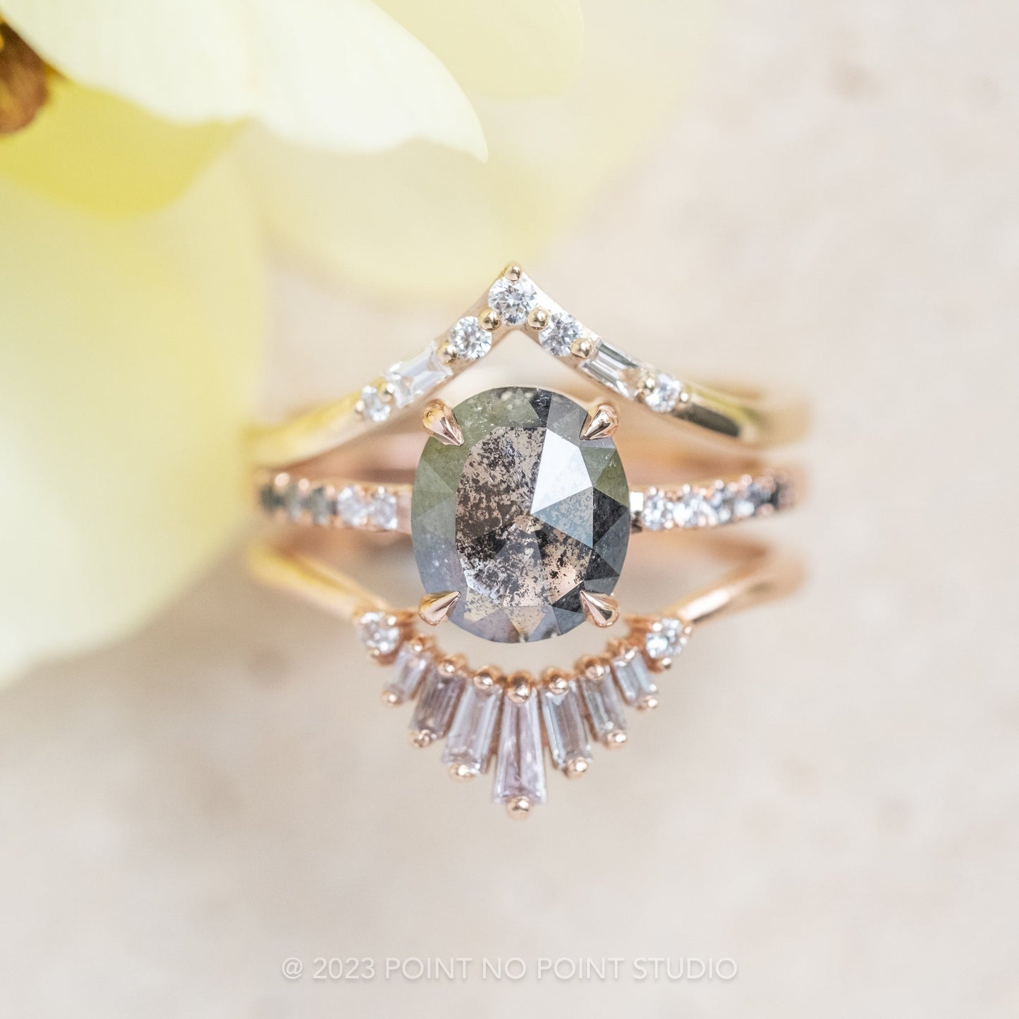 3.10 Carat Black Salt and Pepper Oval Diamond Engagement Ring, Ombre Jules Setting