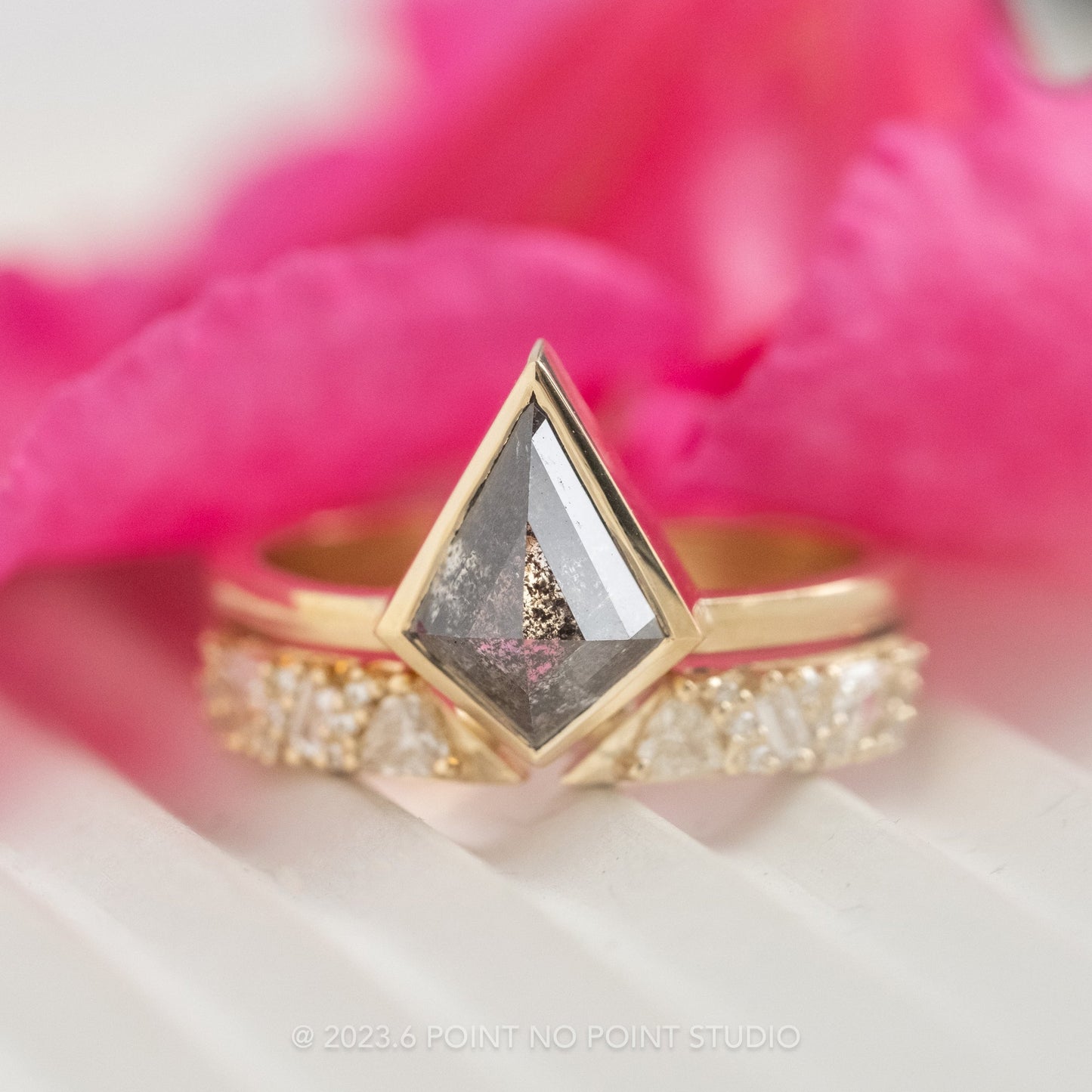 1.25 Carat Black Speckled Kite Diamond Engagement Ring, Bezel Jane Setting