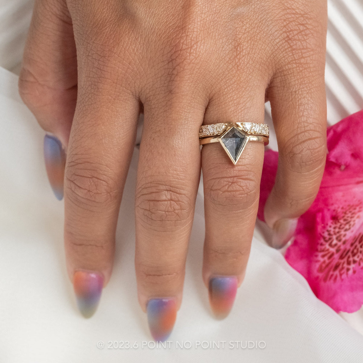 1.25 Carat Black Speckled Kite Diamond Engagement Ring, Bezel Jane Setting