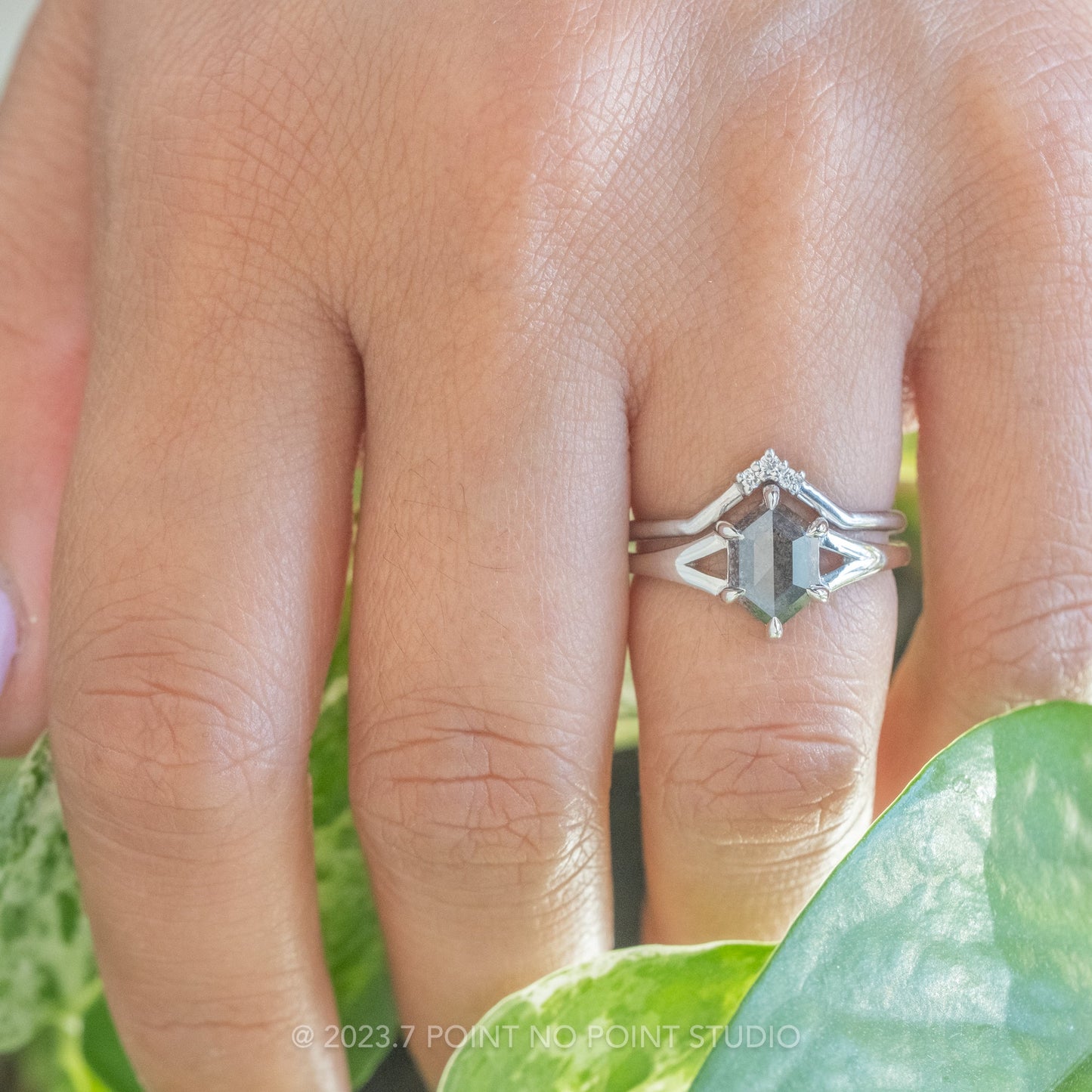 1.37 Carat Black Salt and Pepper Hexagon Diamond Engagement Ring, Split Shank Jane