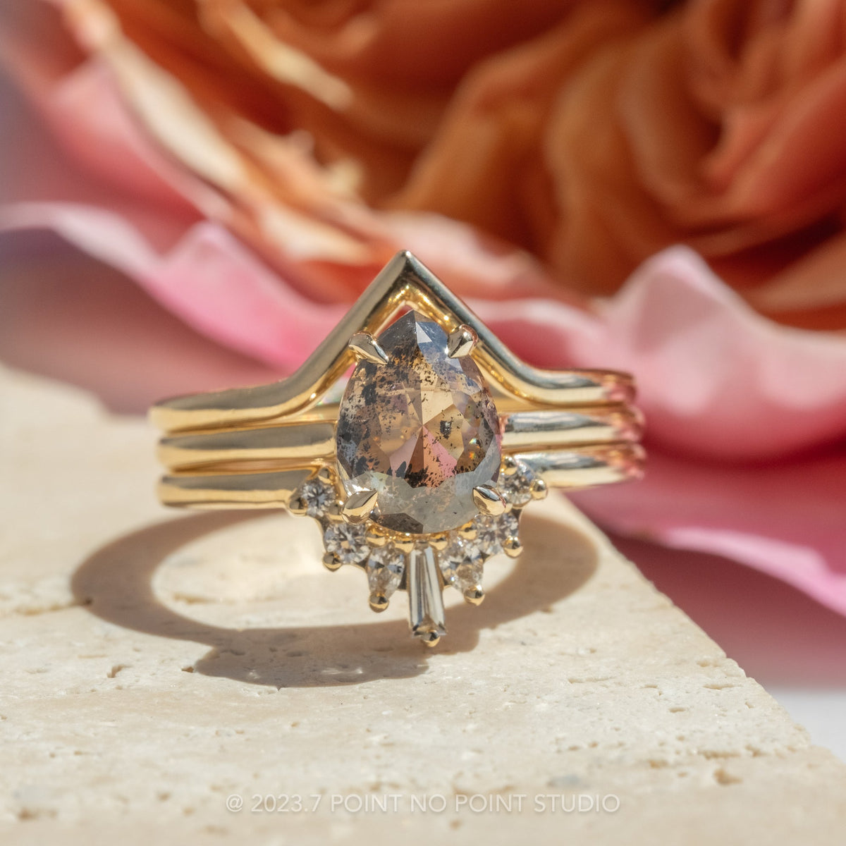 1.94 Carat Salt and Pepper Pear Diamond Engagement Ring, Lark Setting, 14K Yellow Gold