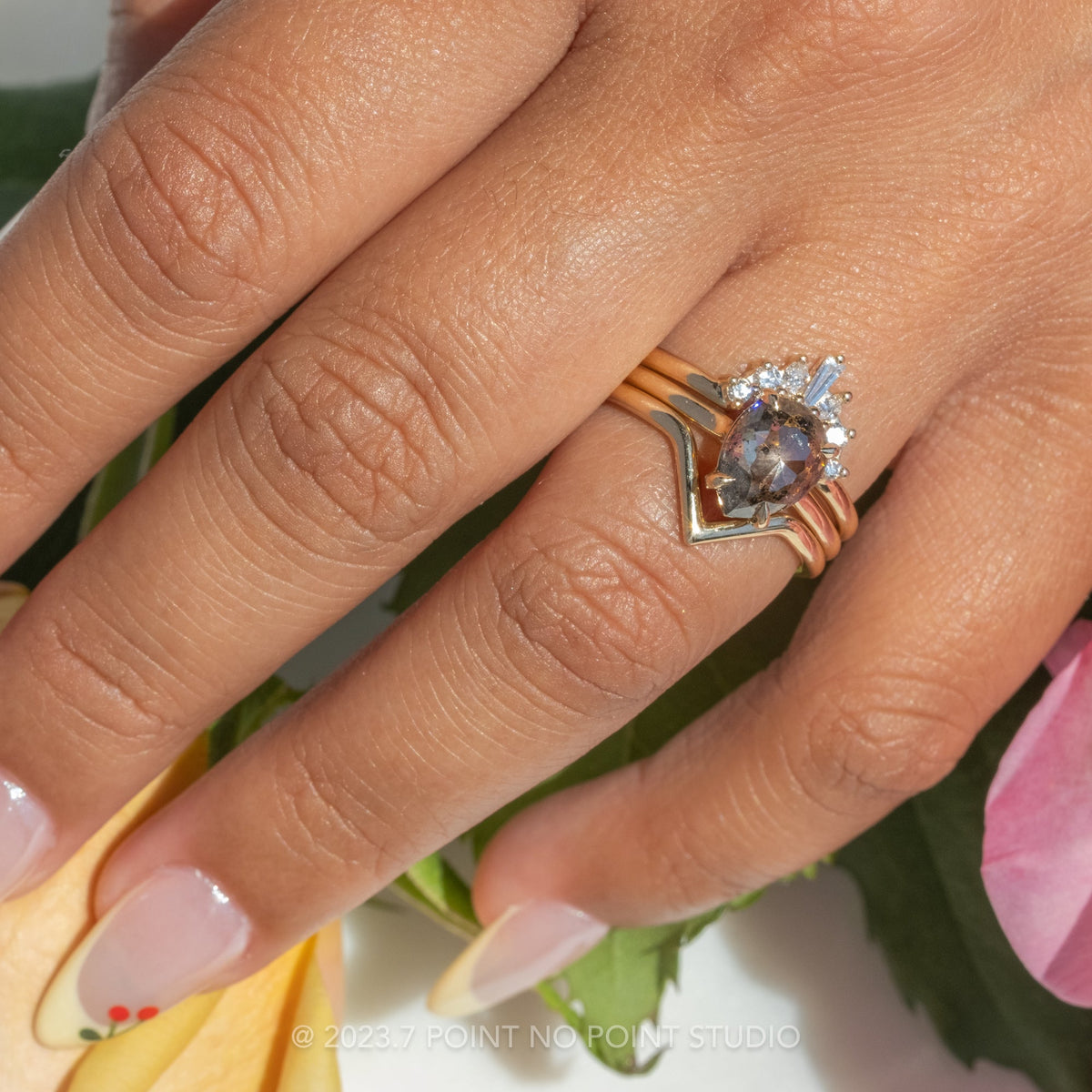 1.94 Carat Salt and Pepper Pear Diamond Engagement Ring, Lark Setting, 14K Yellow Gold