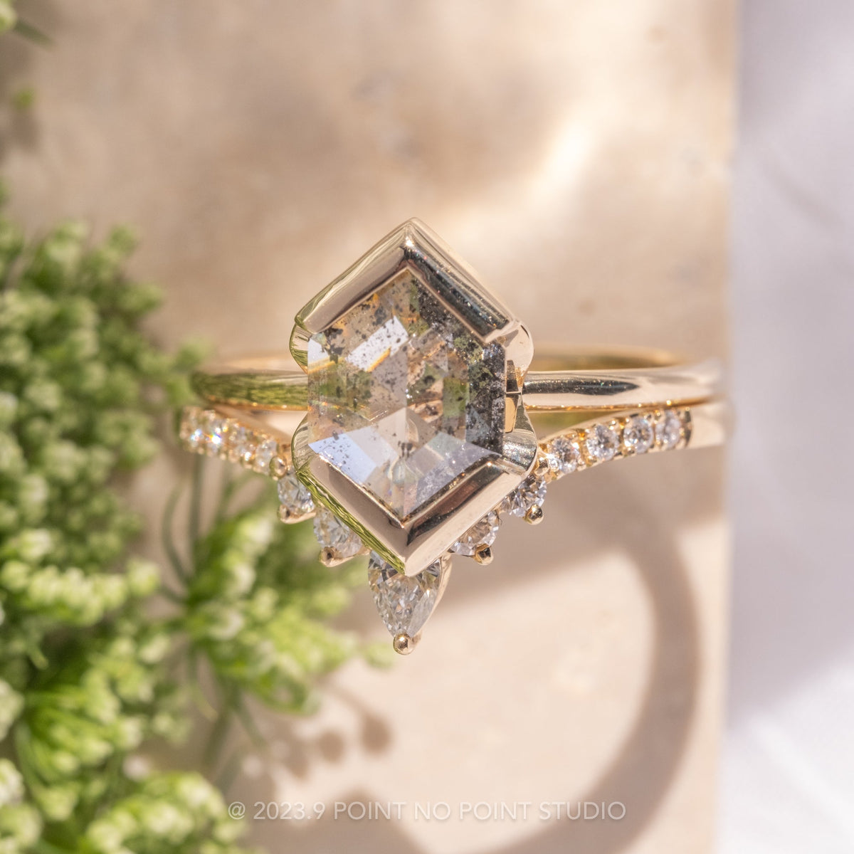 1.47 Carat Salt and Pepper Hexagon Diamond Engagement Ring, Shay Setting