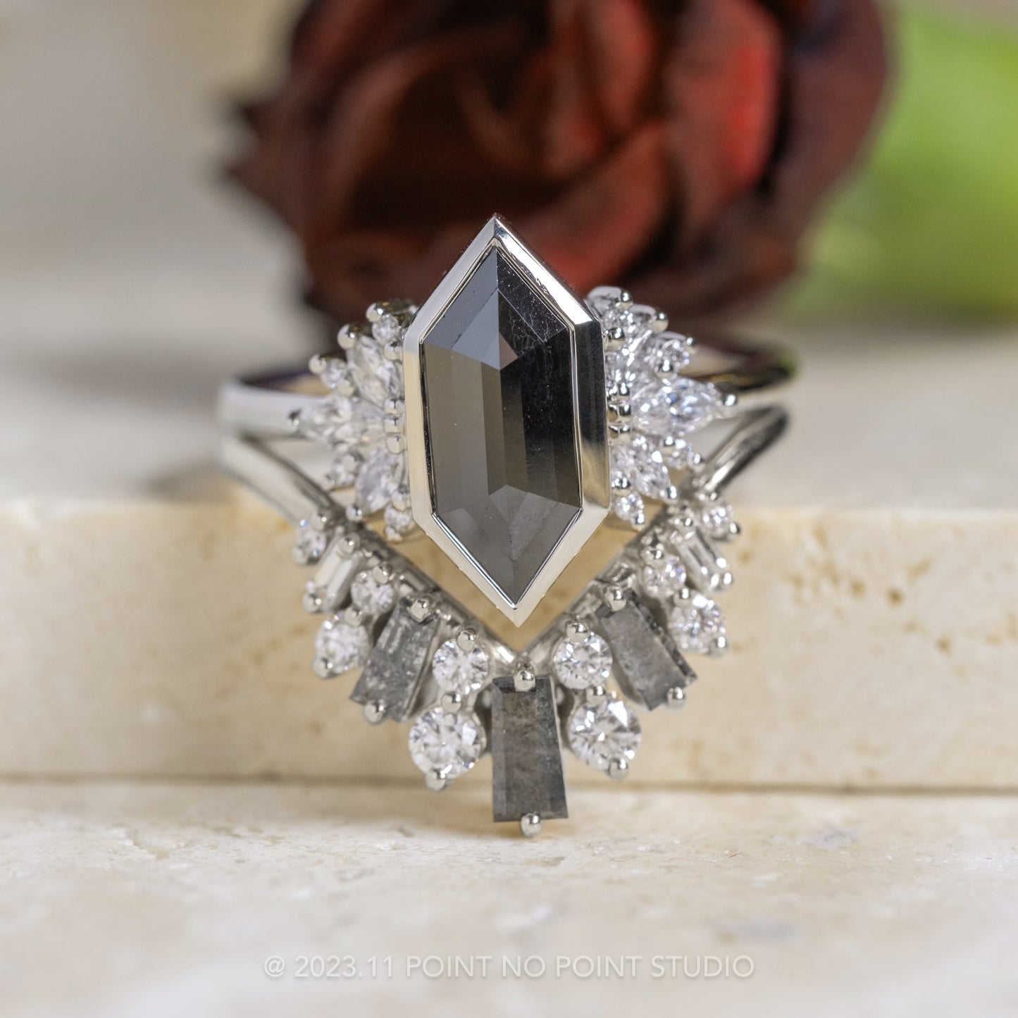 1.64 Carat Black Hexagon Diamond Engagement Ring, Bezel Monarch Setting