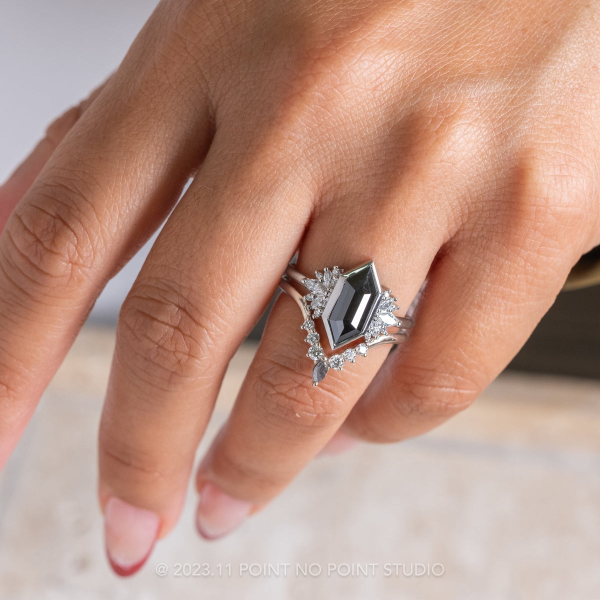 1.64 Carat Black Hexagon Diamond Engagement Ring, Bezel Monarch Setting