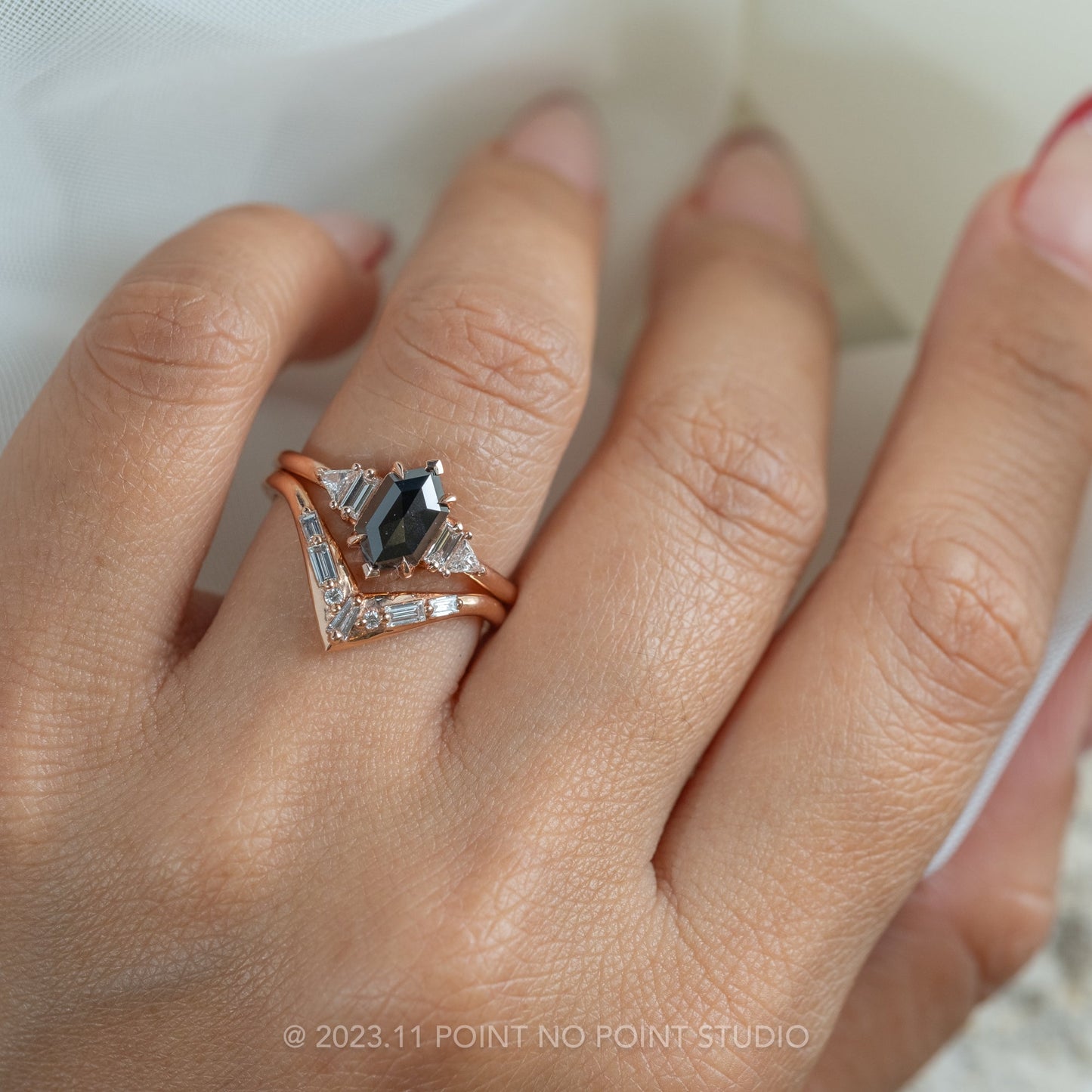 1.51 Carat Black Hexagon Diamond Engagement Ring, Beatrice Setting