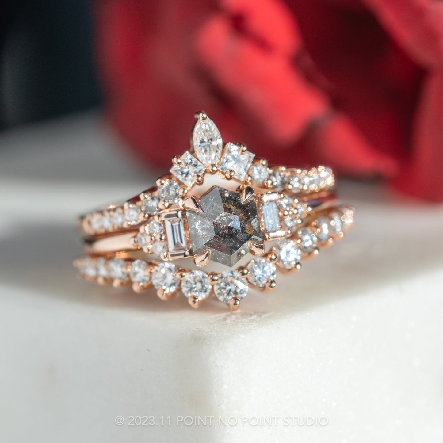 1.41 Carat Salt and Pepper Hexagon Diamond Engagement Ring, Dahlia Setting