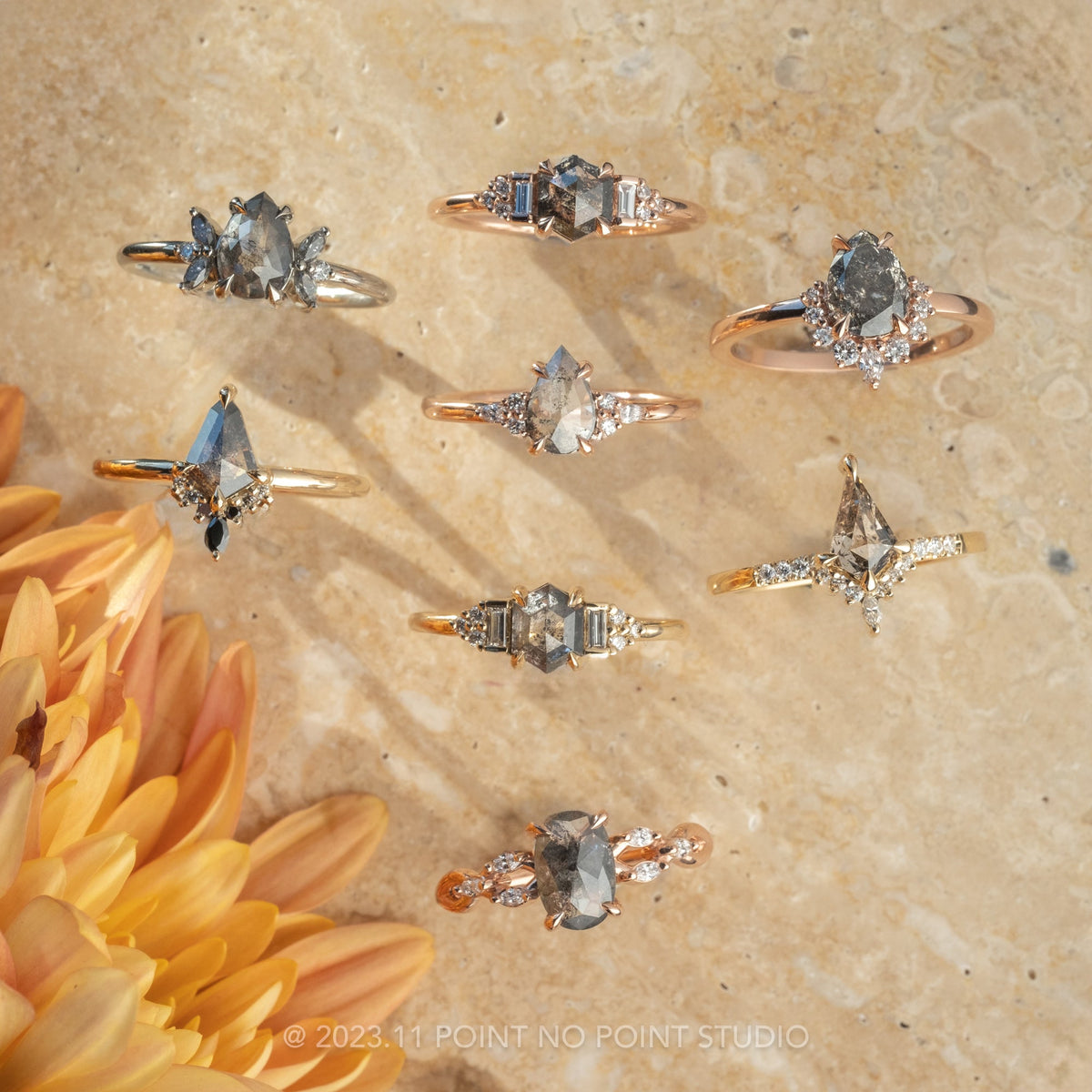 1.41 Carat Salt and Pepper Hexagon Diamond Engagement Ring, Dahlia Setting